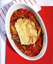 Hake baked in a peperonata sauce by Nick Price